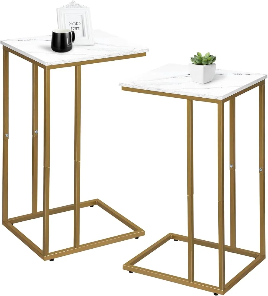 possile c shaped end table set of 2 small side table for sofa and bed couch tables that slide under snack side table for living room bedroom white faux marble and gold